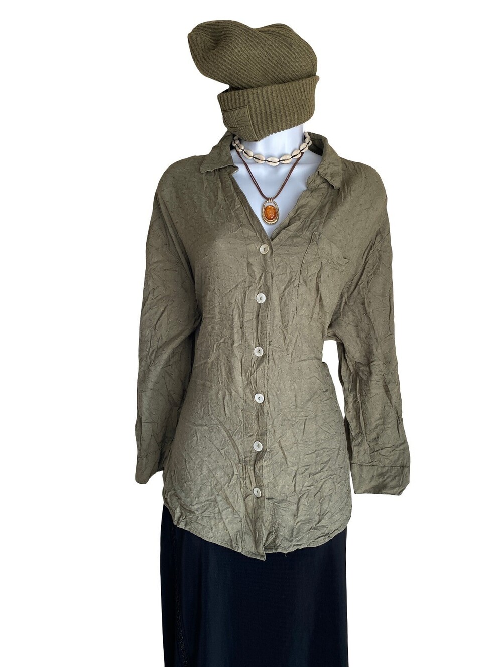 VTG Club Z Collection Plus 2X Olive Green Tunic Blouse Button Up Granola Girl